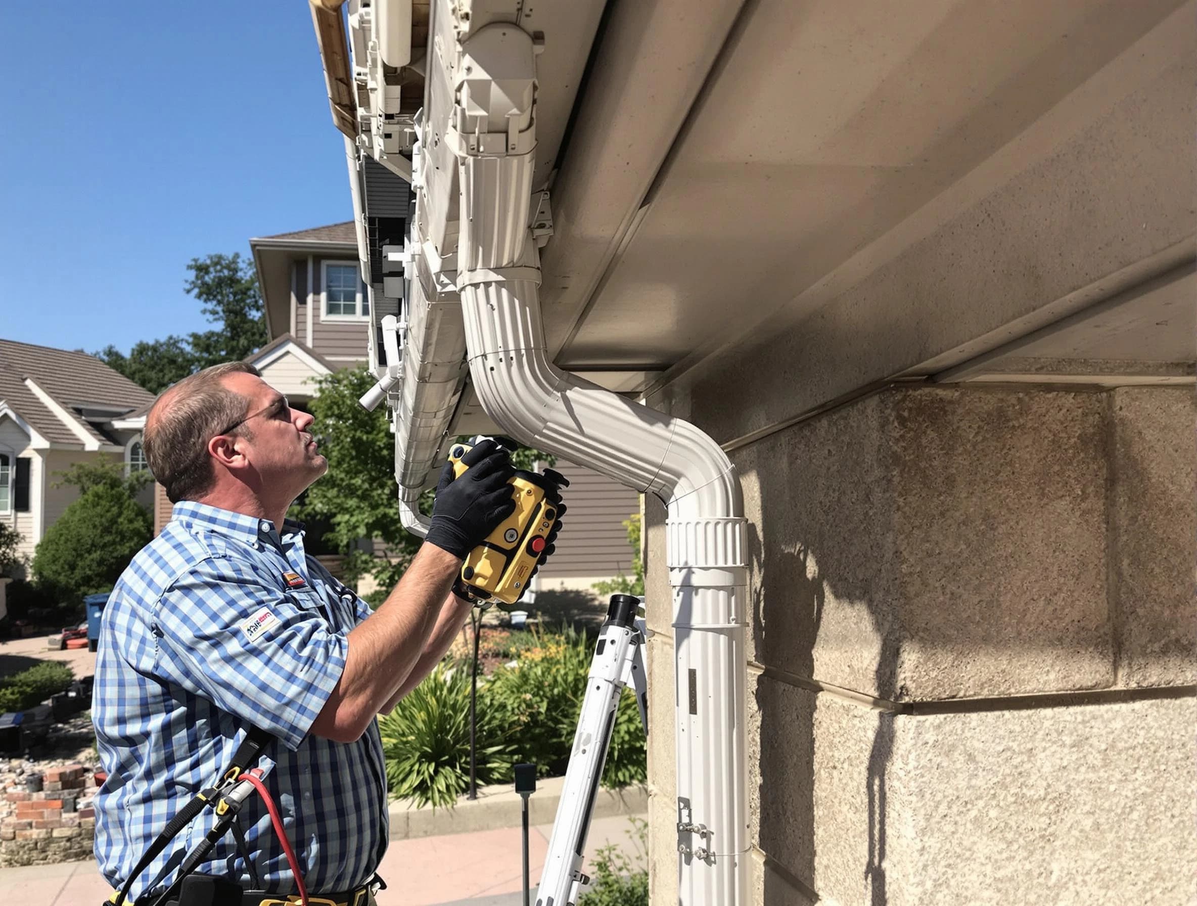 Close-up of a restored downspout system by Shaker Heights Roofing Company in Shaker Heights, OH