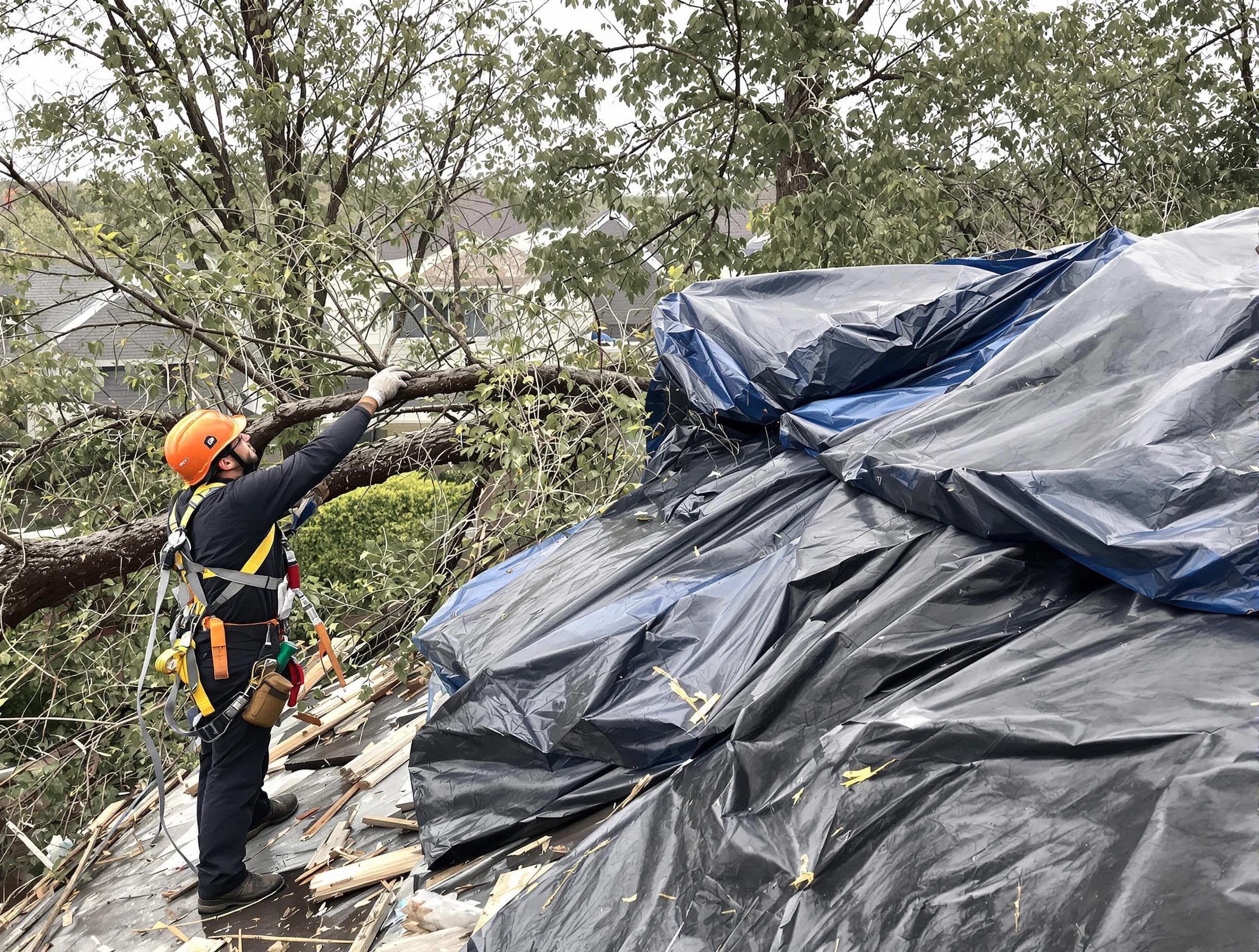 A tarped roof after storm damage repaired by Shaker Heights Roofing Company in Shaker Heights, OH