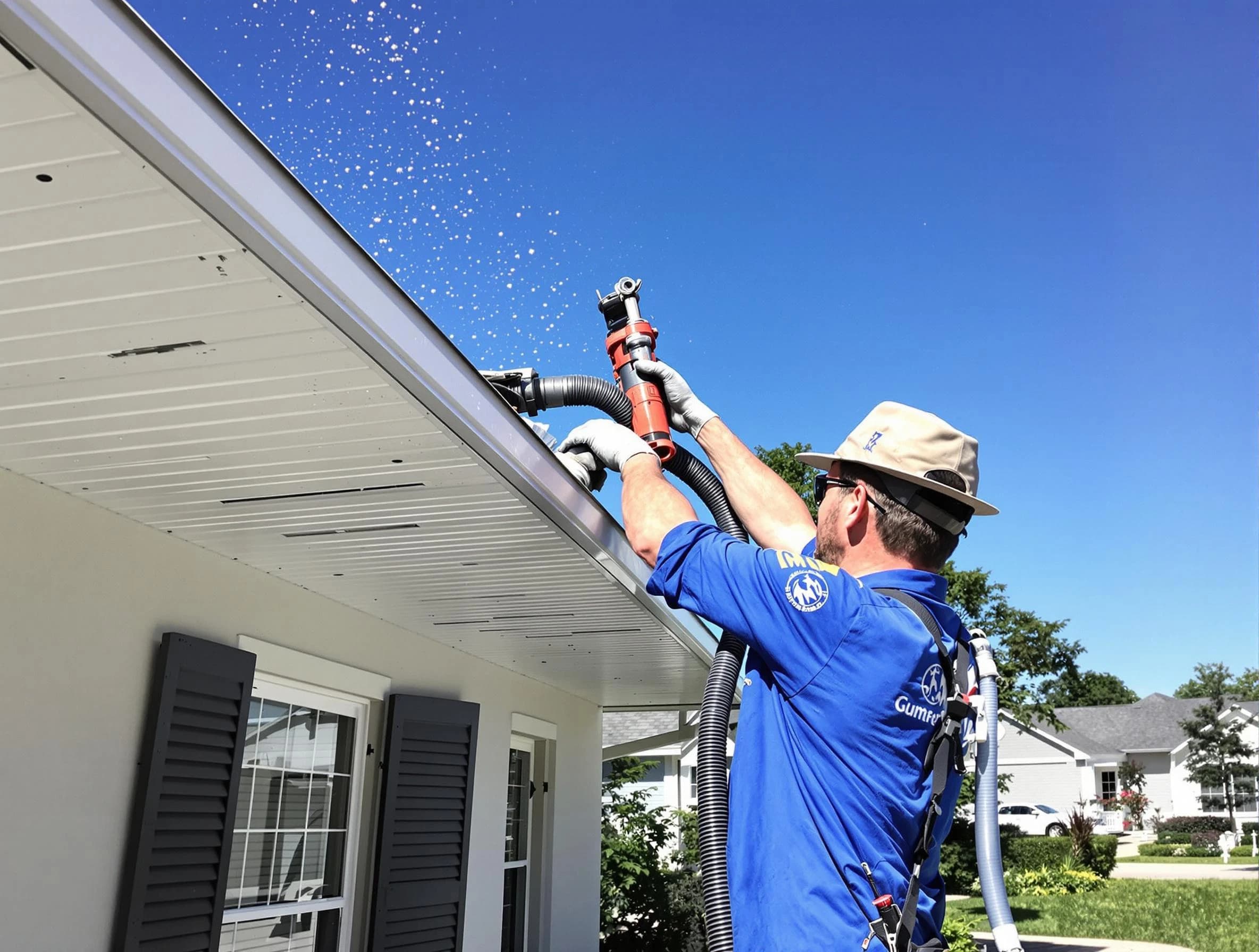 Technician completing a gutter cleaning project by Shaker Heights Roofing Company in Shaker Heights, OH